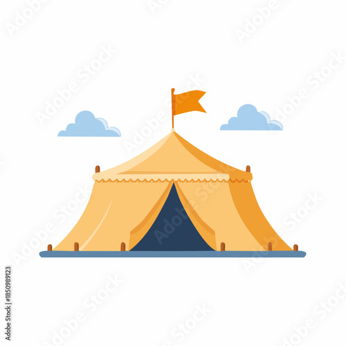 Stylized Illustration of a Yellow Circus Tent with Flag and Clouds