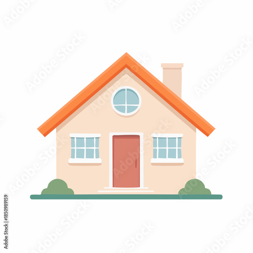 Illustration of a cute cartoon house with an orange roof, neutral walls, and decorative architectural design for family living concept.