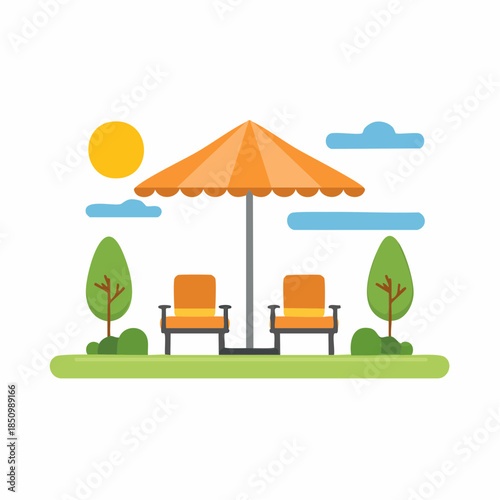Relaxing sunny outdoor getaway with lounge chairs and umbrella, perfect spot for vacation or summer leisure time activity.