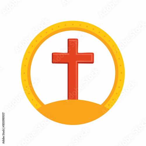 Red Christian Cross Symbol Centered in an Illuminated Golden Ring with Yellow Curved Ground, a Religious Icon