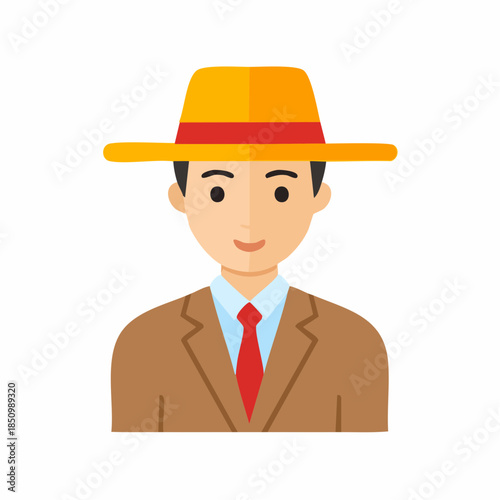 Man Wearing Hat and Suit Business Icon Flat Vector