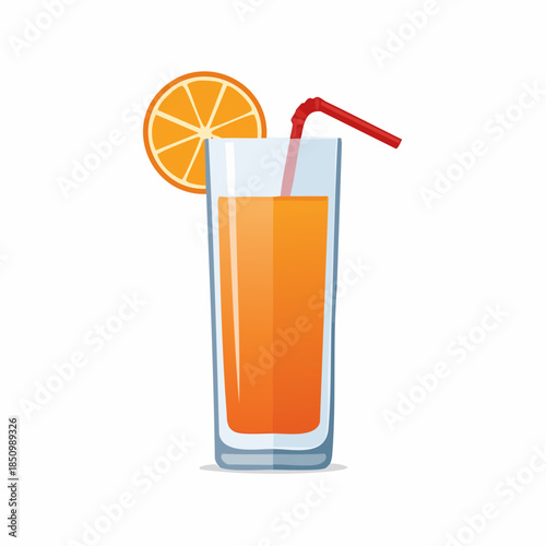 Refreshing glass of freshly squeezed orange juice with a slice of citrus fruit and a red straw for a bright and healthy drink, flat design