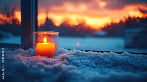 Candle on snowy windowsill at sunset in winter