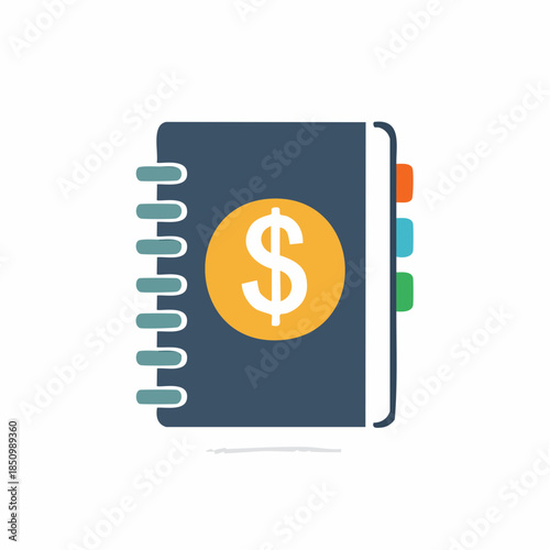 Financial notebook with dollar symbol, planner with tabs, money management concept, budget book, bookkeeping or accounting