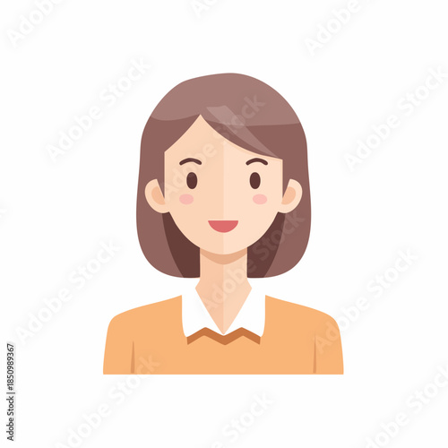 Smiling Cartoon Woman with Bob Hairstyle in Orange Shirt on White Background