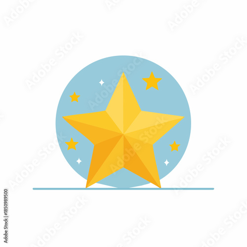 Golden star shining brightly against a light blue circle in a flat design for use as a symbol