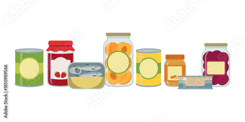 Canned food and jars collection for pantry storage