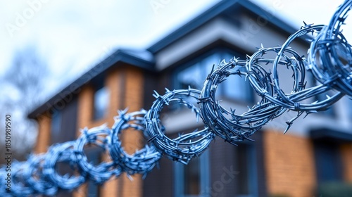 Barbed wire fence protecting suburban house