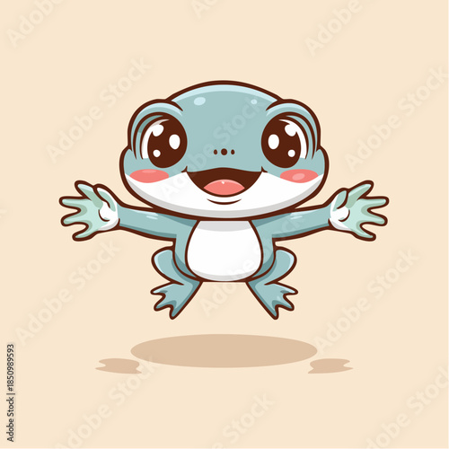 Adorable cartoon frog character joyfully leaping with open arms and a cheerful smile, perfect for children's designs, playful animations, or educational material