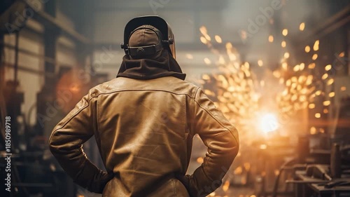 Metalworker in Protective Gear at Industrial Workshop Crafting Metalwork