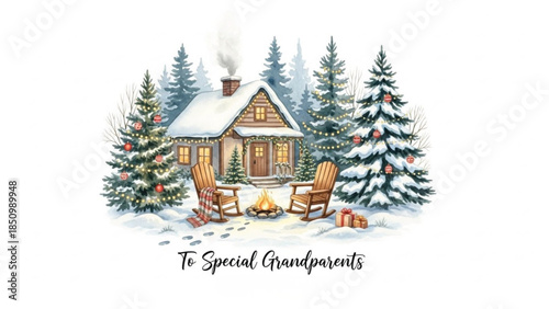 Watercolor Christmas Winter Cabin Scene with Cozy Fireplace Chairs Pine Trees and Holiday Lights