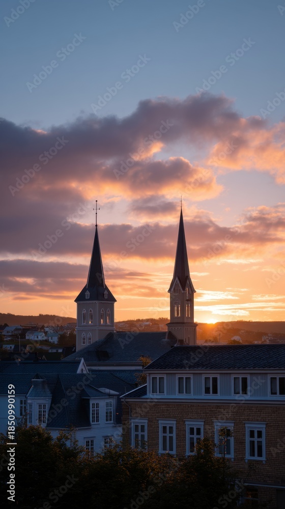 Naklejka premium Tall Church Spires Silhouette Piercing Into Glowing Sunset Sky