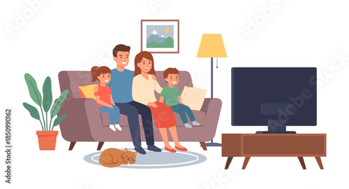 Family watching television together in living room