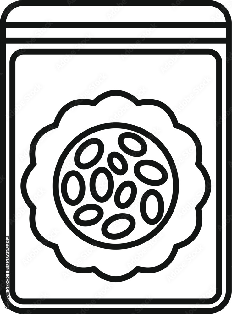 Obraz premium Line drawing of a packet of seeds for planting showing round label with seeds inside