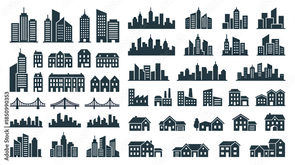 Obraz premium Large collection of flat building icons representing various urban and suburban architecture including skyscrapers, houses, factories, bridges, and city skyline silhouettes