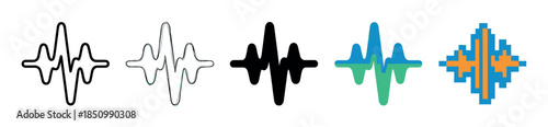 Set of five sound wave icons showing different graphic styles from simple outline and solid fill to colorful and pixelated for audio visualization concepts