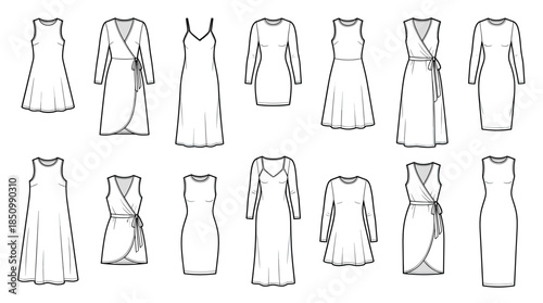 Set of women's dress technical fashion illustrations with various styles like wrap, sheath, A-line, and bodycon silhouettes, presented as a black and white line art collection