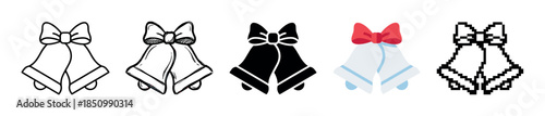 Christmas bells icon set in five different graphic styles including outline, doodle, silhouette, flat color, and pixel art for festive holiday design