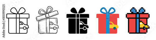 Set of car gift icons showing a new automobile inside a present box, rendered in various graphic styles including line art, sketch, silhouette, flat color, and pixel art