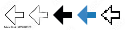 Collection of five left-pointing arrows showcasing different design styles including outline, hand-drawn sketch, solid silhouette, modern flat, and pixel art