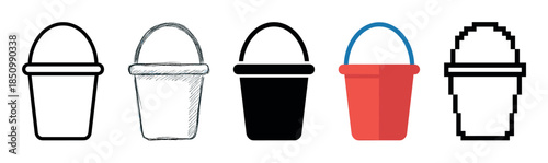 Collection of five bucket or pail icons presented in a variety of modern and retro graphic styles, including outline, sketch, silhouette, flat color, and pixel art