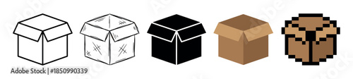 Set of five cardboard box icons in different artistic styles including line art, sketch, silhouette, flat vector, and 8-bit pixel art for graphic design