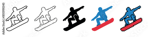 Collection of snowboarder icons showing a jump, with each graphic element designed in a unique style like outline, hand-drawn, solid black silhouette, colorful flat, and retro pixel art