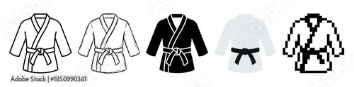 Set of five martial arts uniforms in different artistic styles including line art, sketch, silhouette, flat design, and pixel art for combat sports concepts