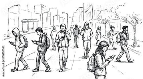 Hand-drawn ink illustration of a crowd of young people walking through a city, each individual absorbed by their mobile phone, depicting a scene of contemporary urban isolation