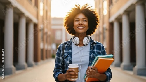 Smiling Black Female Student with Coffee in a College Campus Setting During Daytime