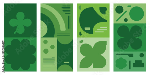 Modern green geometric patterns with shamrock shapes create striking visual banners for celebration