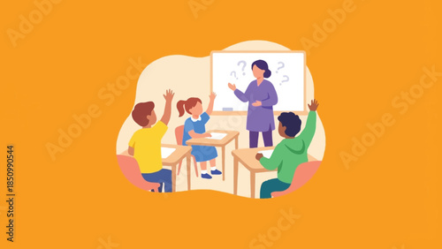 Diverse students actively participating in a classroom lesson with their teacher.