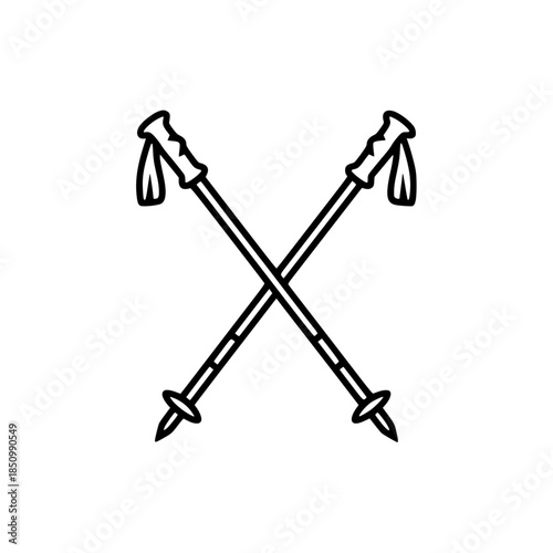 Bold Minimalist Hiking Poles Vector Icon. Black and White Flat Design Crossed Trekking Poles Silhouette for SVG Cutting Files, Mountaineering Branding, Hiking Club Logo, and Modern Outdoor Trail Illus