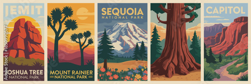 Set of usa national parks travel posters in retro mid century modern style, includes joshua tree, yosemite, sequoia, mount rainier, capitol reef vintage landscapes, flat vector art illustrations