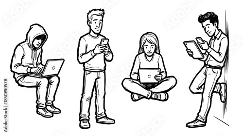 Hand-drawn black and white illustrations of people using modern electronic devices like laptops and smartphones in a simple sketch style showing various casual poses