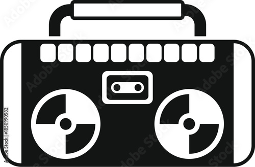 Black and white illustration of a portable cassette player, representing retro audio technology
