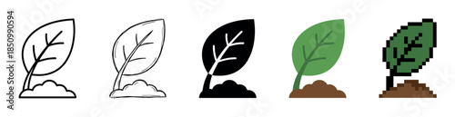 Set of plant sprout icons in various graphic styles including outline, silhouette, flat color, and pixel art, representing growth and nature