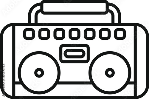 Portable boombox is playing music, featuring buttons, a handle, and speakers, evoking nostalgia for retro audio