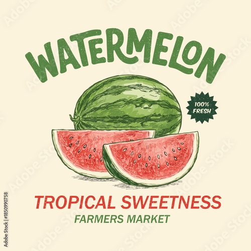 Watermelon vector graphic, Summer fruit print design, women's graphic tee for California food fashion, sweet juicy watermelon vintage graphic text print artwork, textile clothing for t-shirt , sweats