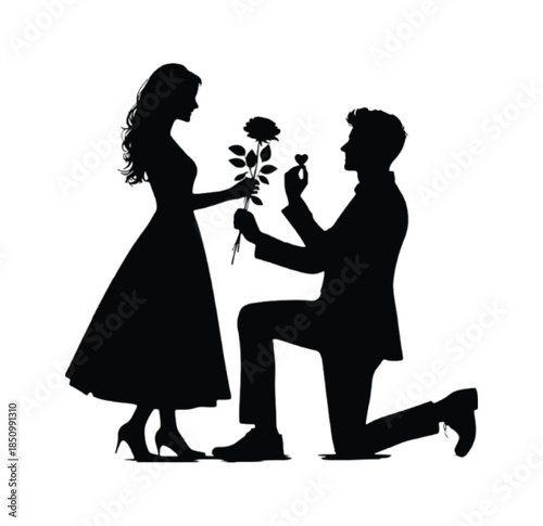 Silhouette of Proposal: Capturing the timeless romantic scene with a man on one knee presenting a ring to the woman as she accepts a rose, symbolizing love and commitment. 
