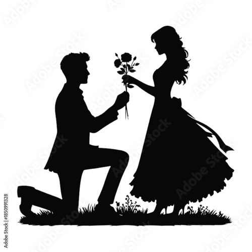 Silhouette of a proposal: A timeless silhouette captures a man kneeling in a heartfelt proposal, presenting a bouquet of flowers to a woman, embodying romance and commitment.