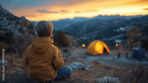 Boy meditates at sunset mountain campsite