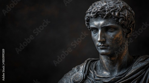 Bronze bust of Roman emperor on dark background, dramatic light