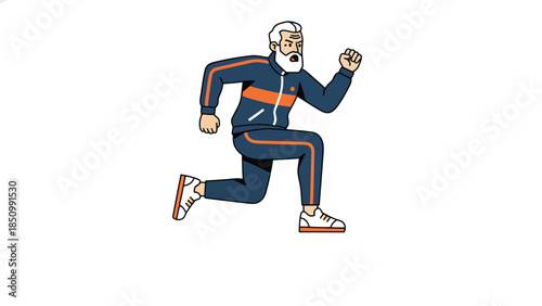 Elderly man in tracksuit running with energy and determination.