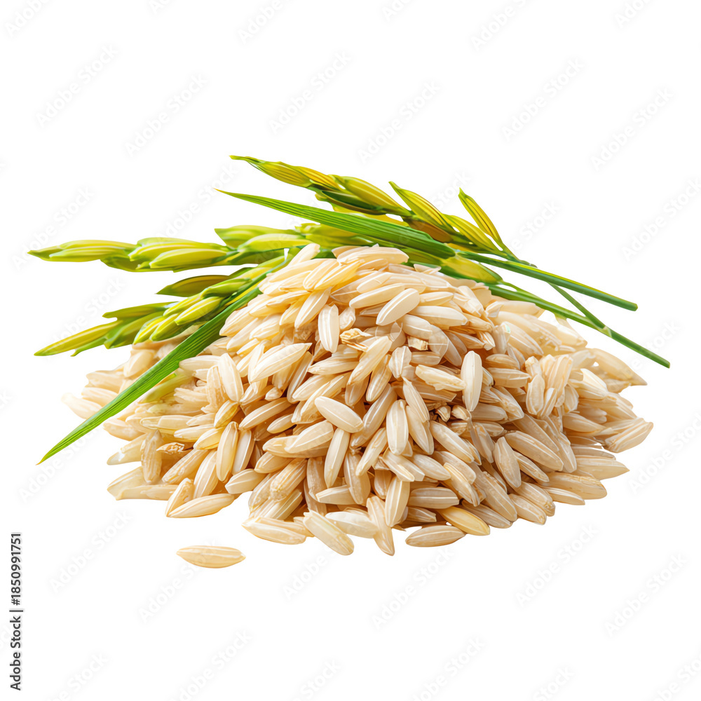 Obraz premium A generous pile of raw rice grains accompanied by fresh rice plant stalks, isolated on a white background, perfect for culinary themes.