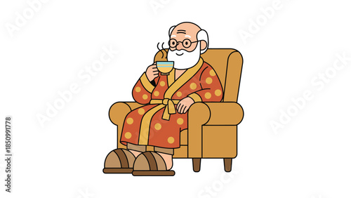 Elderly man relaxing in armchair with hot beverage.