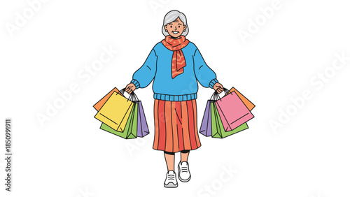 Elderly Woman Carrying Shopping Bags Full of Purchases.