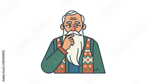 Elderly man with long white beard contemplating thoughtfully.