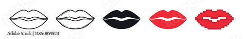 Collection of lip icons in different artistic styles, including a simple outline, hand-drawn sketch, solid silhouette, flat red design, and a retro 8-bit pixel art version