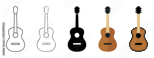 Collection of acoustic guitar vector illustrations presented in various styles like clean outline, hand-drawn sketch, simple silhouette, modern flat design, and retro pixel art